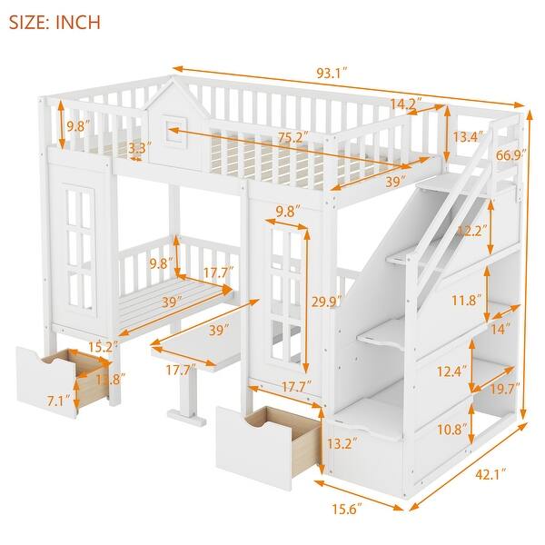 Twin-Over-Twin Bunk Bed with Convertible Desk, Solid Pine Wood, Playhouse Design, Fence-Shaped Frame, Grey