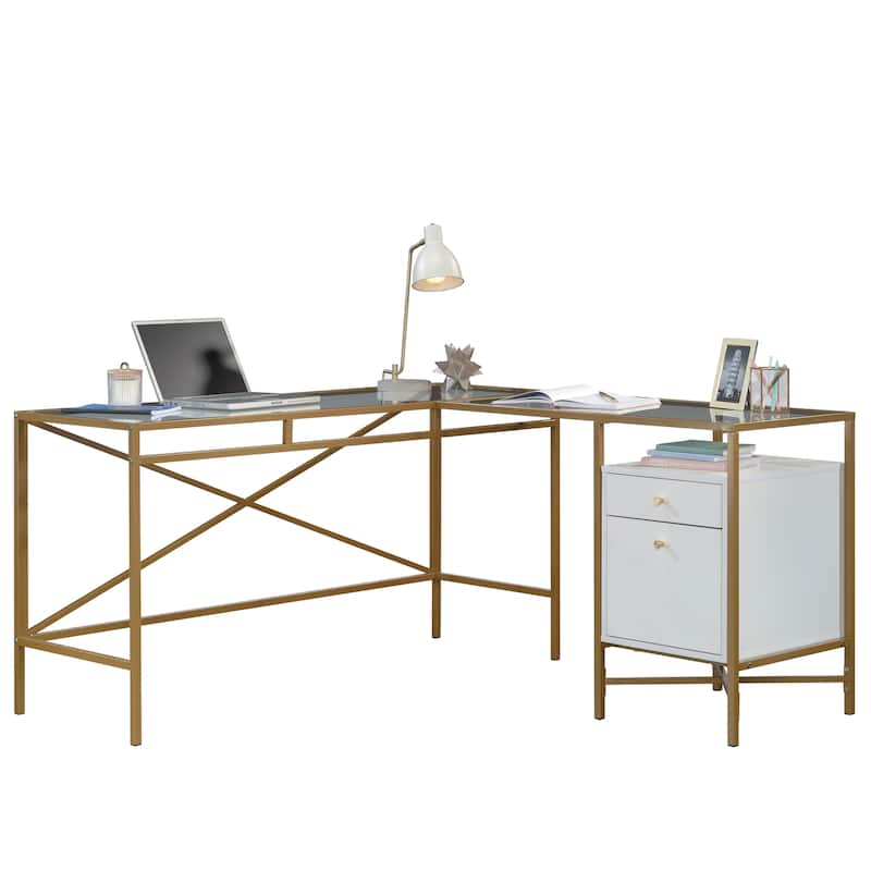 Wood L-Shaped Desk with Glass Top, White
