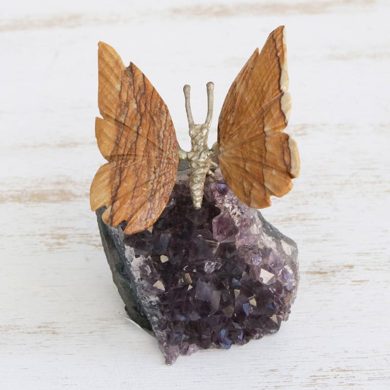 NOVICA Handmade Earthen Wings Jasper And Amethyst Gemstone Figurine (Brazil) - 3.1" H x 2.8" W x 2" D