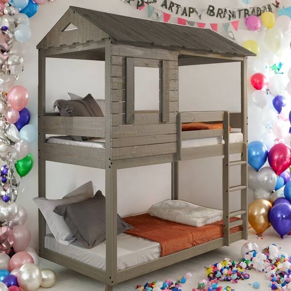 slide 2 of 14, Wooden Twin Over Twin Bunk Bed with Built-in Ladder,House-Shaped Design For Home Rustic Grey
