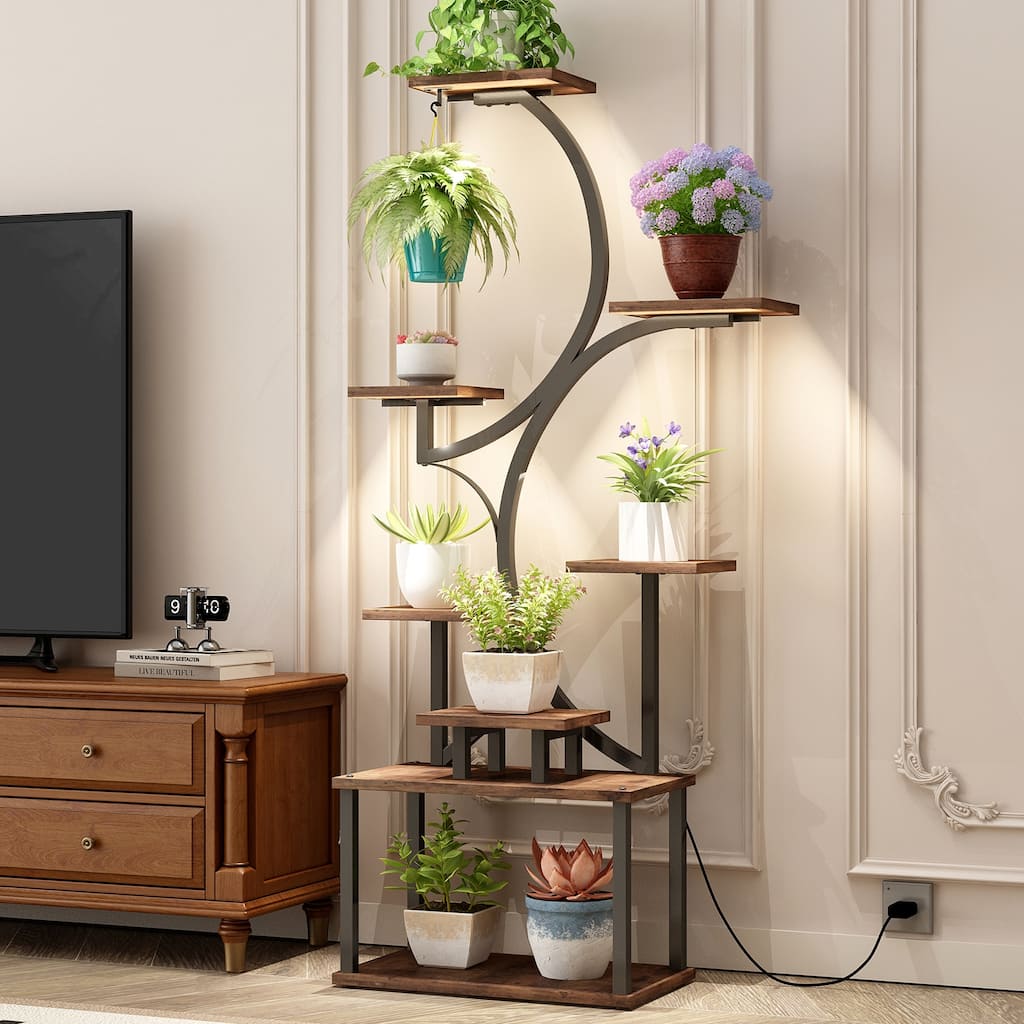 Plant Stand Indoor with Grow Lights - 62" Lighted Corner Plant Stands, 8 Tiered Large Flower Holder, S-Shaped Decorative Rack