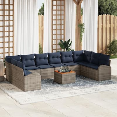 vidaXL 11 Garden Sofa Set with Cushions Black/Grey Poly Rattan - 135.4 x 70.5 x 27.2