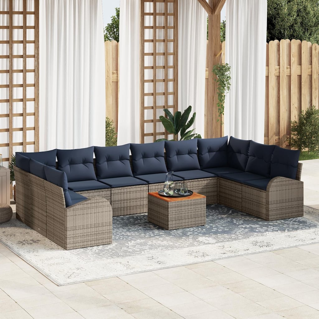 vidaXL 11 Garden Sofa Set with Cushions Black/Grey Poly Rattan - 135.4 x 70.5 x 27.2
