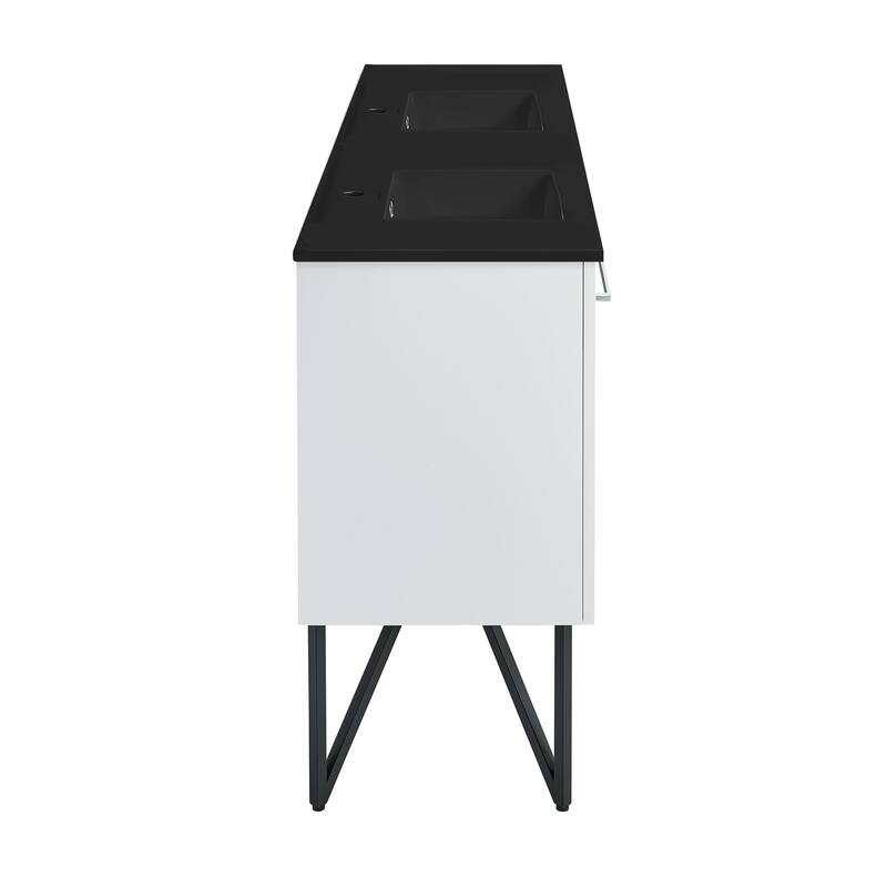 Annecy 60 In. White, Double Basin Bathroom Vanity With Black ArtificialStone Sink Top