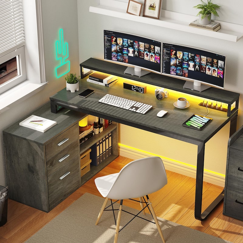 55 Inch L-shaped Gaming Desk with Power Outlets and LED Lights Computer Corner Desk with File Cabinet Monitor Stand