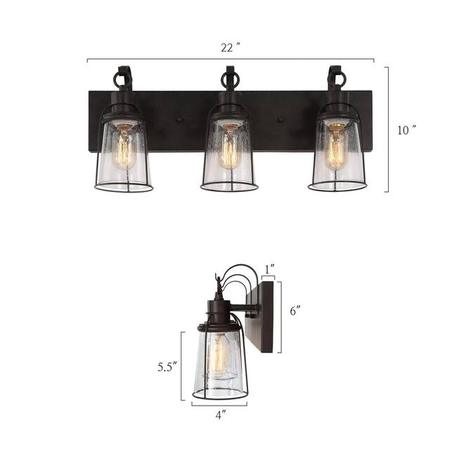 Farmhouse 3-Light Bronze Bathroom Vanity Lights Metal Cage Wall Sconces with Seeded Glass - 22" L x 6" W x 10" H