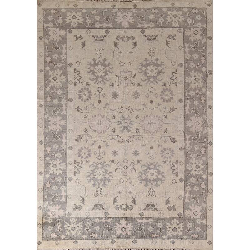 Ivory Oushak Indian Area Rug Hand-Knotted Wool Carpet - 6'3"x 8'8"