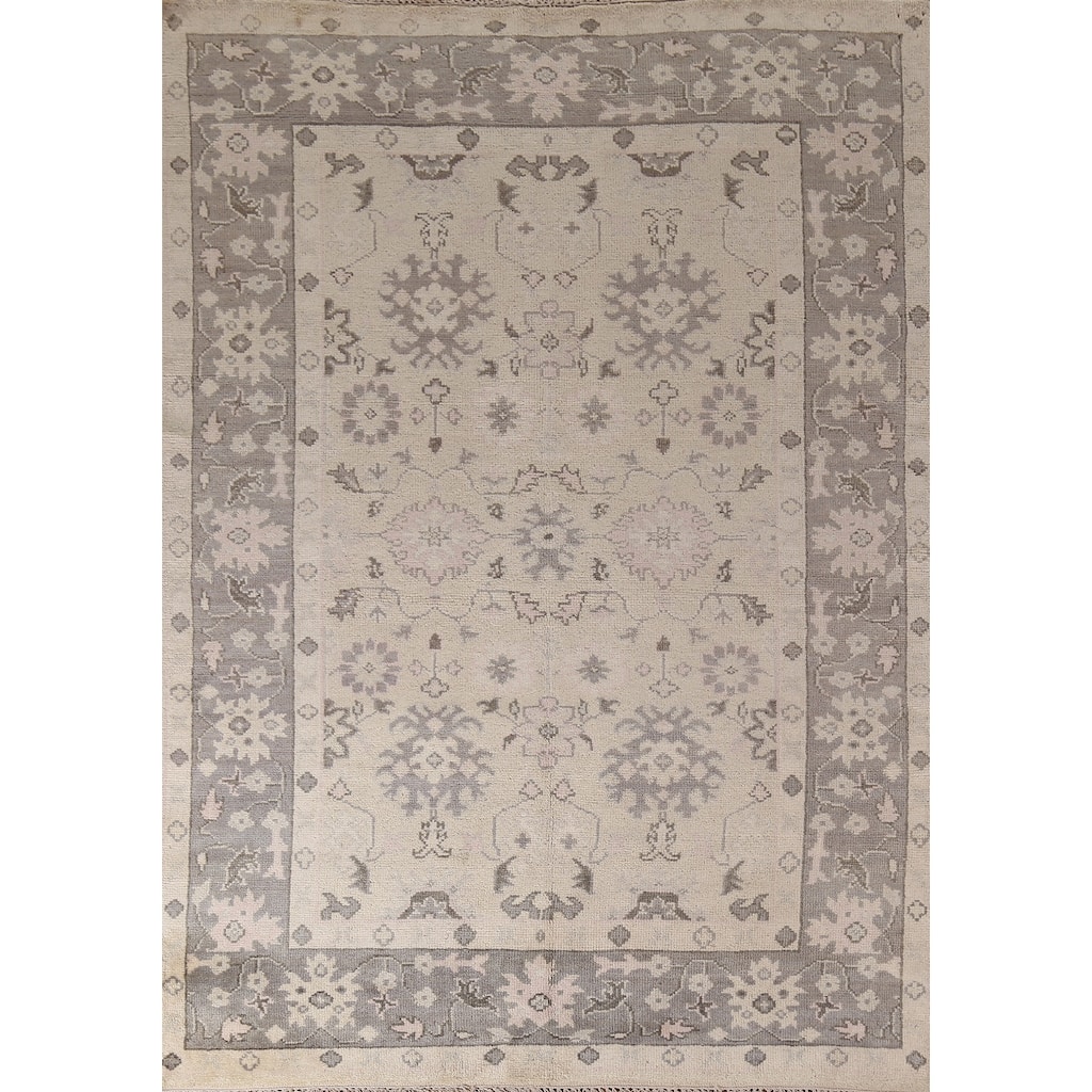 Ivory Oushak Indian Area Rug Hand-Knotted Wool Carpet - 6'3"x 8'8"