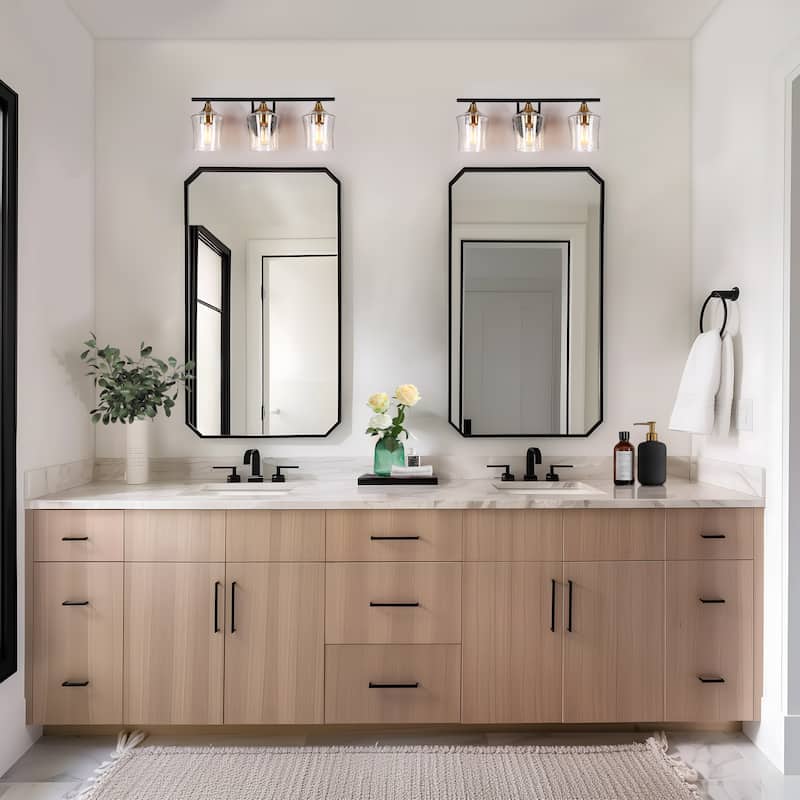 Modern Black Gold 2/3/4-Light Linear Bathroom Vanity Lights with Seeded Glass