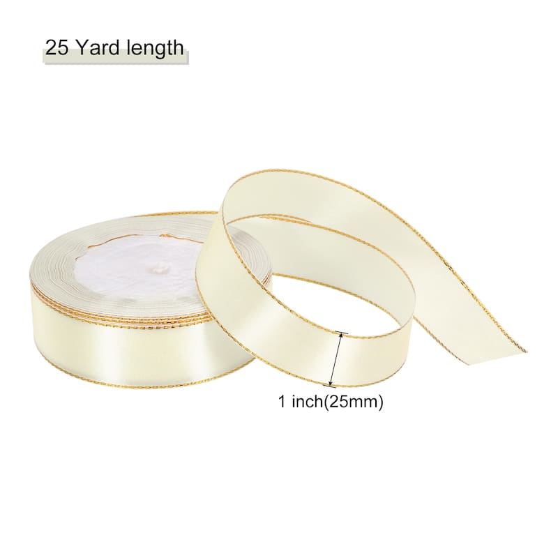 Satin Ribbon with Gold Edges Border Grosgrain Fabric Ribbon for Decor - Cream White - 1 Inch x 25 Yard