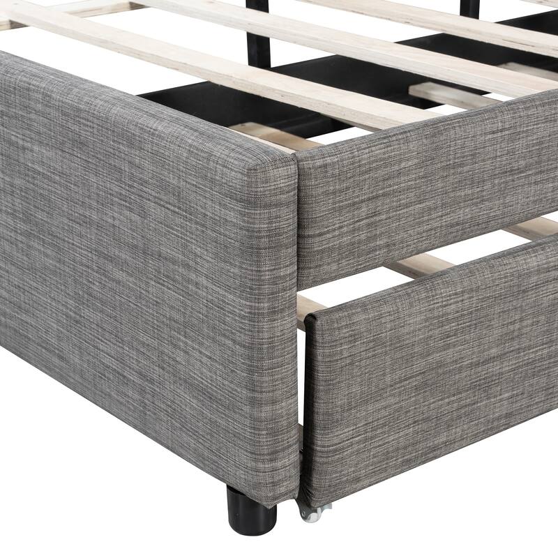 Queen Size Upholstered Platform Bed with Brick Pattern Headboard and Twin XL Size Trundle, Linen Fabric, Gray