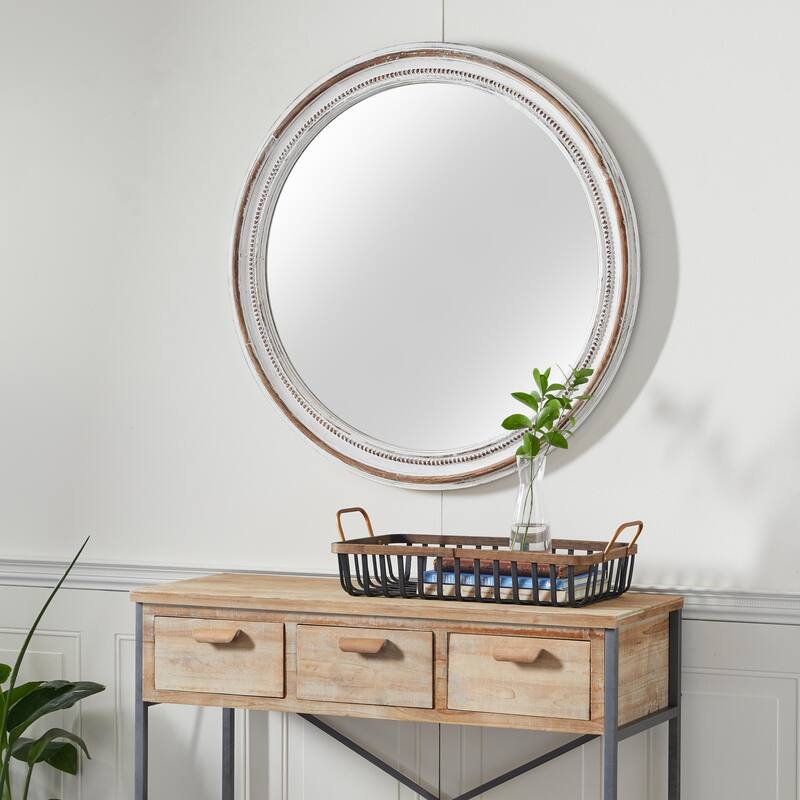 Wood Room Wall Mirror with Bead Detailing - White - Roche River Decor