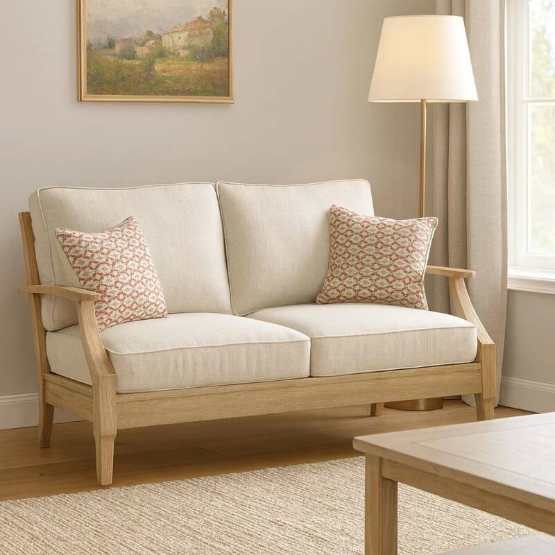 Traditional Wooden Loveseat with Fabric Cushioned Seating, Beige and Brown