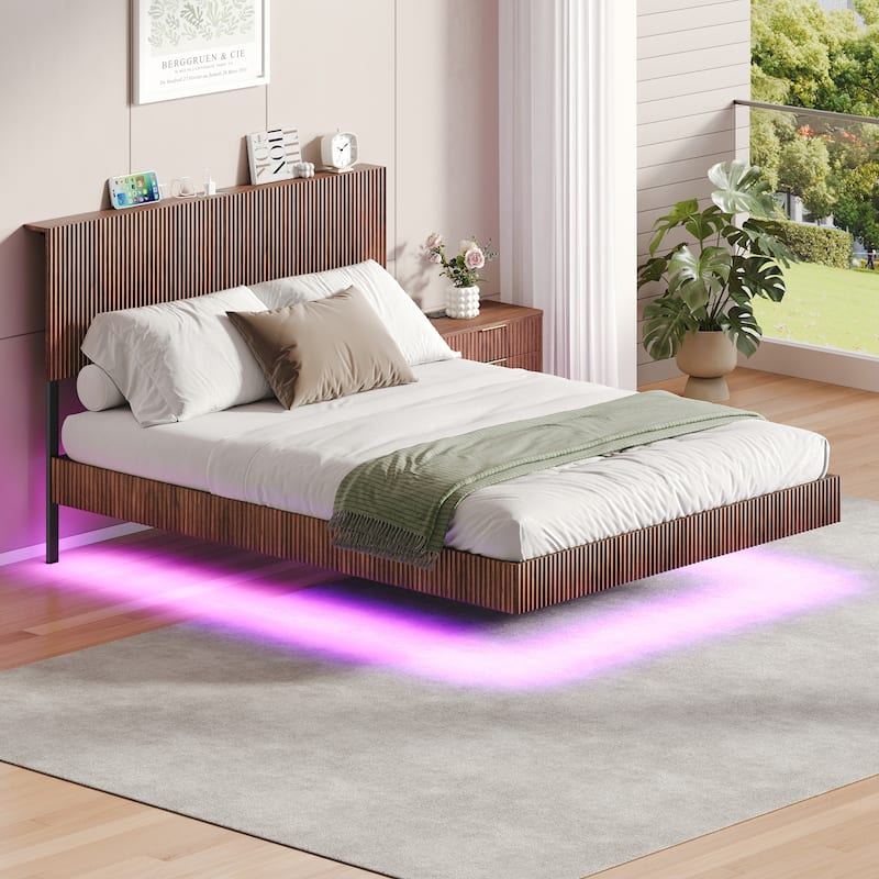 Walnut Queen Floating Bedstead, With Charging Station And Led Lights, Wavy Headboard, With Heavy Metal Flat Noodles - Walnut