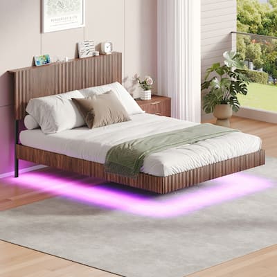 Walnut Queen Floating Bedstead, With Charging Station And Led Lights, Wavy Headboard, With Heavy Metal Flat Noodles