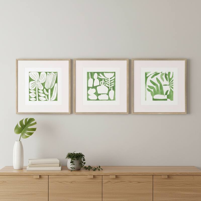 HomeRoots Set Of Three Green Modern Garden Gold Framed Wall Art - 17.00 in. x 17.00 in.  x 1.00 in.