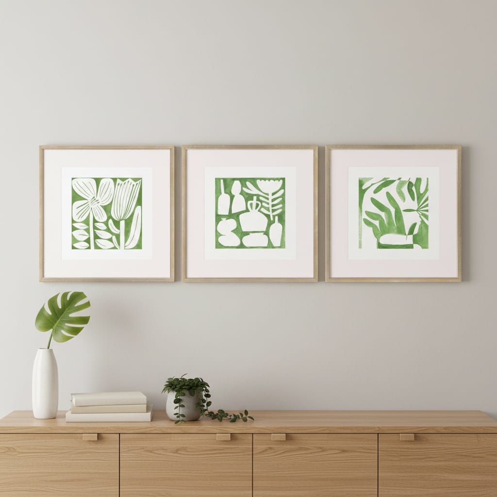 HomeRoots Set Of Three Green Modern Garden Gold Framed Wall Art