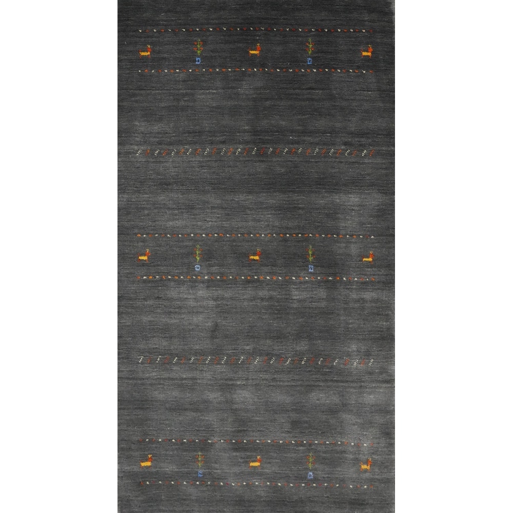 Hand Knotted Oriental 100% Wool Carpet Tribal Animal Pictorial Greys & Charcoal Gabbeh Area Rug - 5' 5'' X 3' 0''