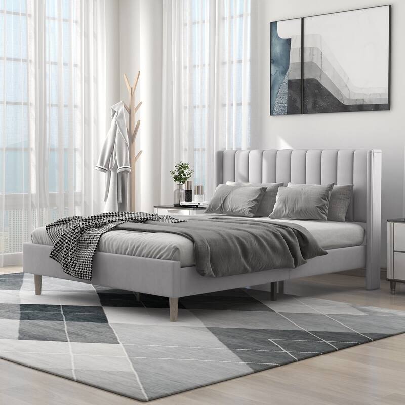 Alazyhome Upholstered Platform Bed Frame - Light Grey - Queen