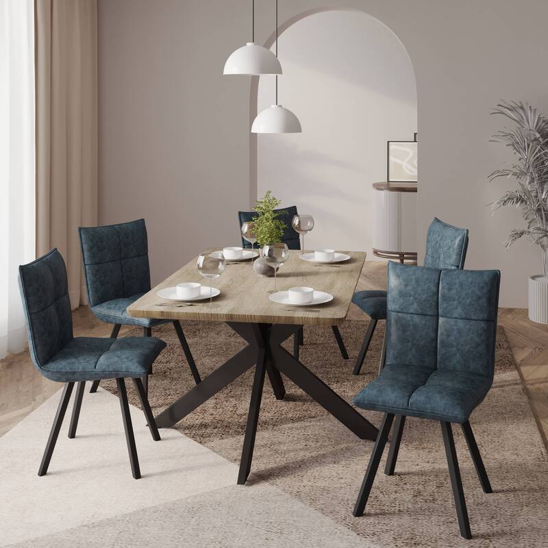 5-Piece Dining Set 63-Inch Rectangular Natural Wood Dining Table and 4 Leather Side Chairs in Iron