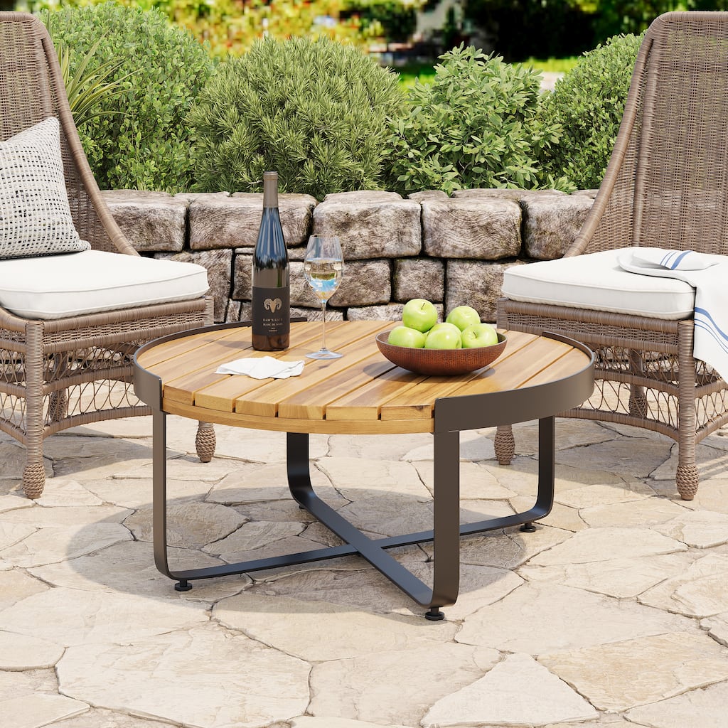 Roomfitters Modern Round Coffee Table with Teak-Style Wood Surface and Sleek Metal Base, Teak