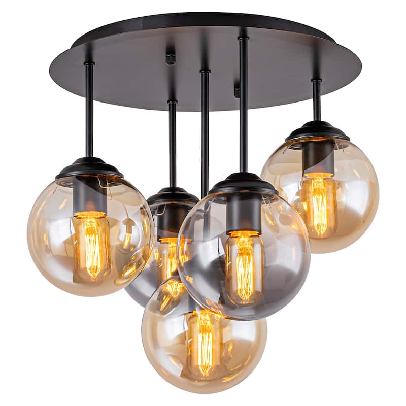 5 Lights Semi-Flush Mount Ceiling Light Smoky Gray&Amber Glass Globes - Dia.17.32-in