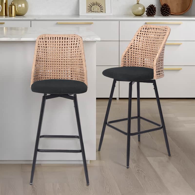 Chenille Counter Height Swivel Bar Stools Rattan Back with Metal Legs