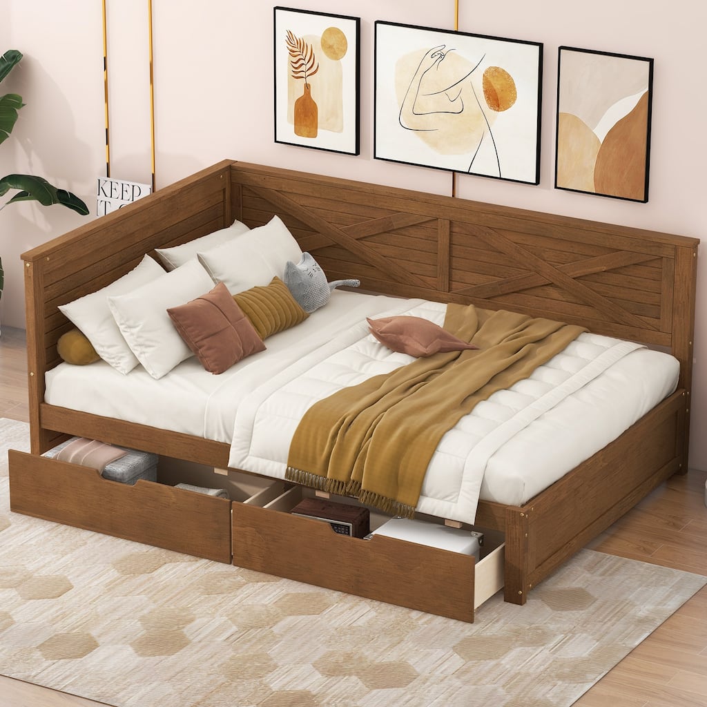 Twin Size Wood Daybed with 2 Storage Drawers, Rustic X-Design Guardrail, No Box Spring Needed, Ancient Brown Finish