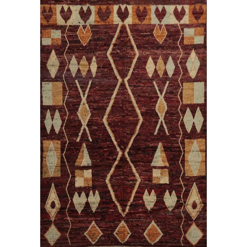 Hand Knotted Oriental 100% Wool Carpet Modern Tribal Red Moroccan Area Rug - 9' 9'' X 8' 3''