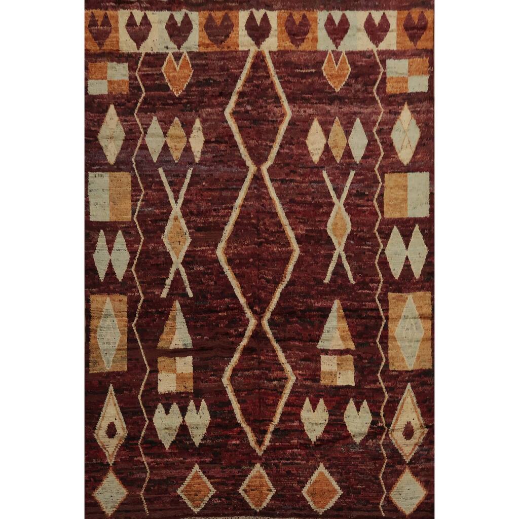 Hand Knotted Oriental 100% Wool Carpet Modern Tribal Red Moroccan Area Rug - 9' 9'' X 8' 3''