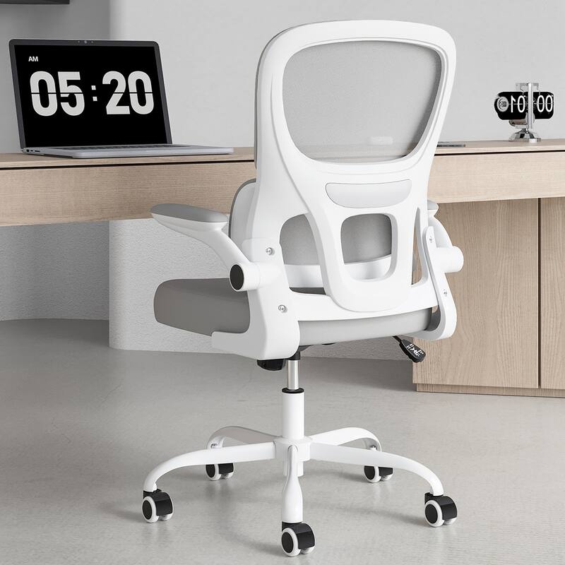 Office Chair, Mesh Ergonomic Office Chair with Lumbar Support, Comfy Computer Desk Chair with Flip Armrest Rolling Wheels - Grey+White