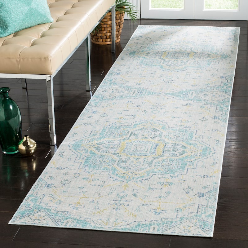SAFAVIEH Windsor Heddy Shabby Chic Oriental Polyester Rug - 3' x 8' Runner - Light Grey/Seafoam