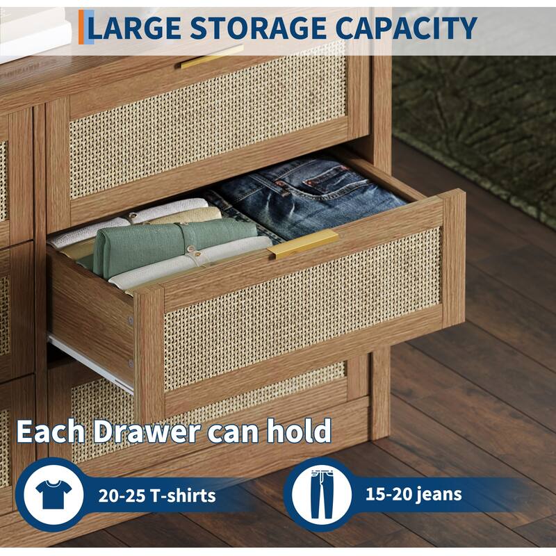 53" Rattan Dresser for Bedroom - 6-Drawer Boho Chest of Drawers, Large Storage Cabinet for Clothes, TV Stand