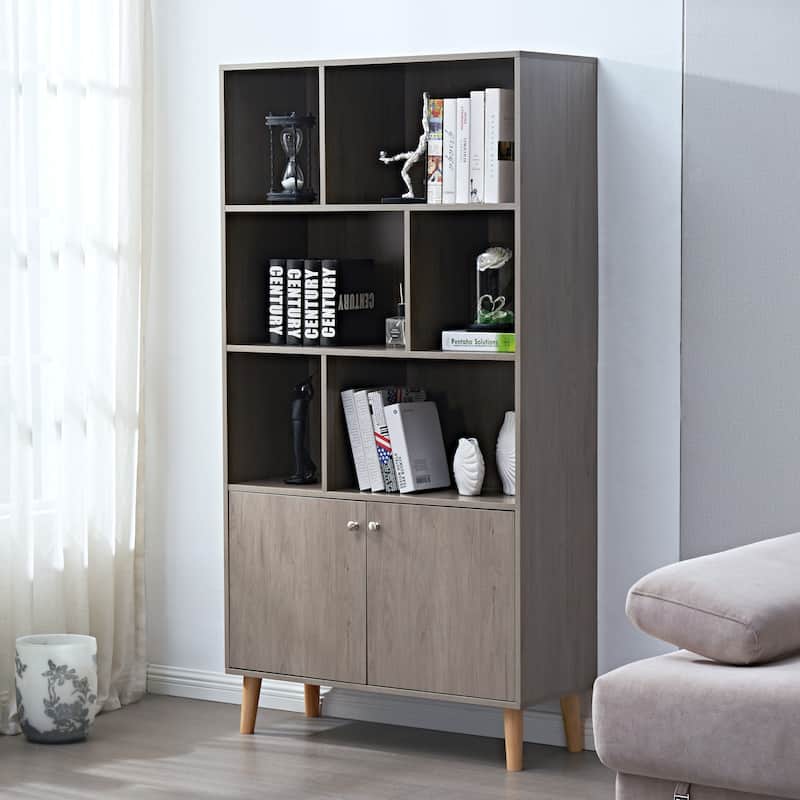3-tier Wood Bookshelf Bookcase with 2 Bottom Enclosed Cabinet