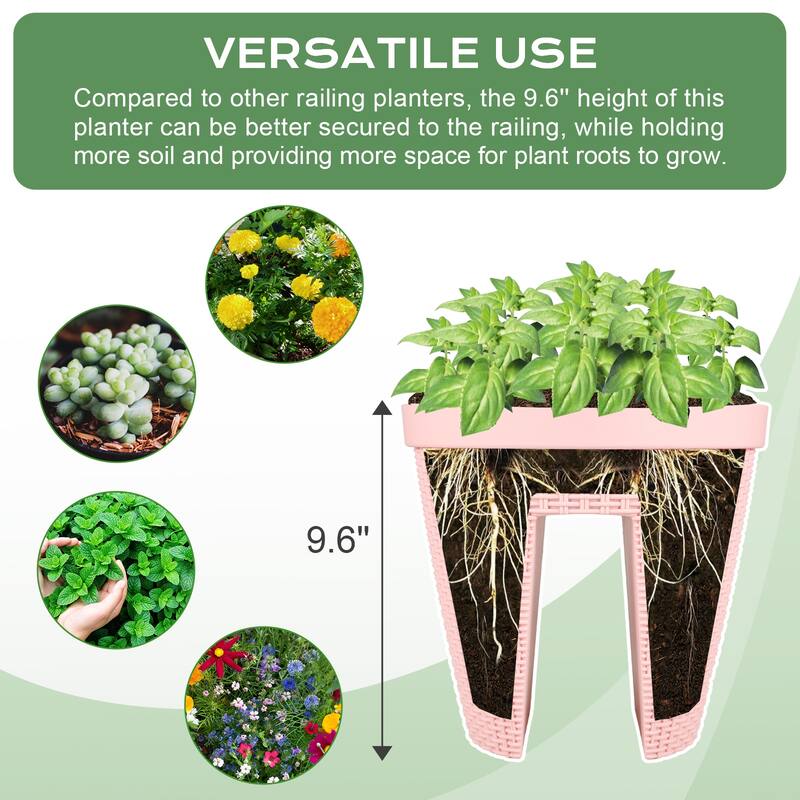 Aoodor 12'' Balcony Rattan Pattern Railing Planter Box with Drainage Holes and Adjustable Brackets-Set of 4 - 12''×11''