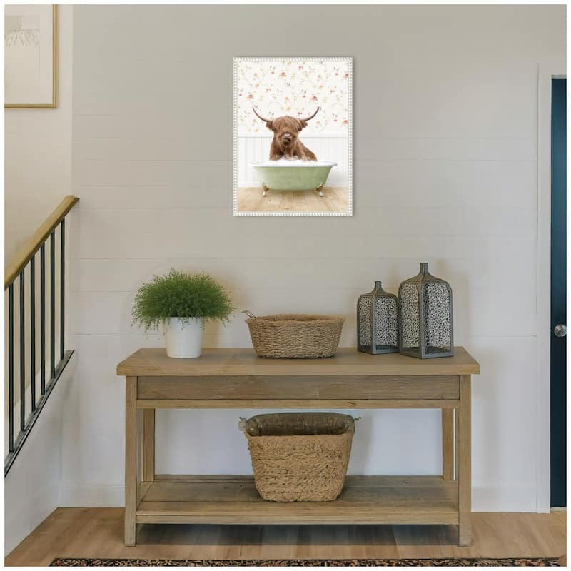 Kate and Laurel Sylvie Highland Cow in Cottage Farm Bath Framed Canvas by Amy Peterson