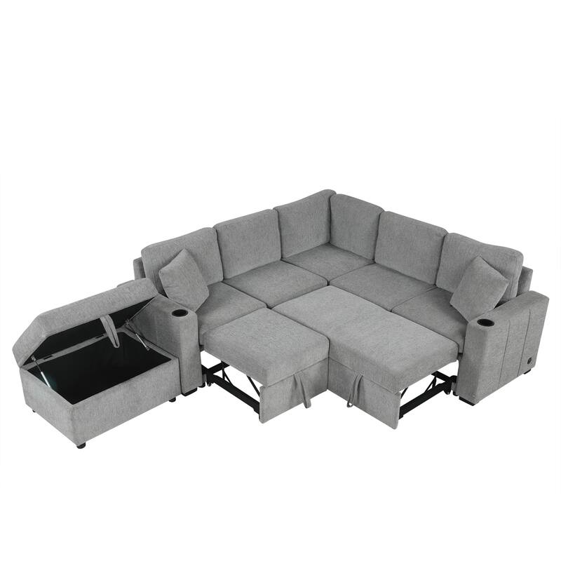Convertible Sectional Sofa with Pull-out Sofa Bed and Dual Cup Holders