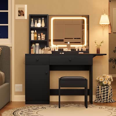 Makeup Vanity Desk with Mirror & Lights, Drawer, Power Outlet, Chair & 3 Shelves, Vanity Table Set for Bedroom