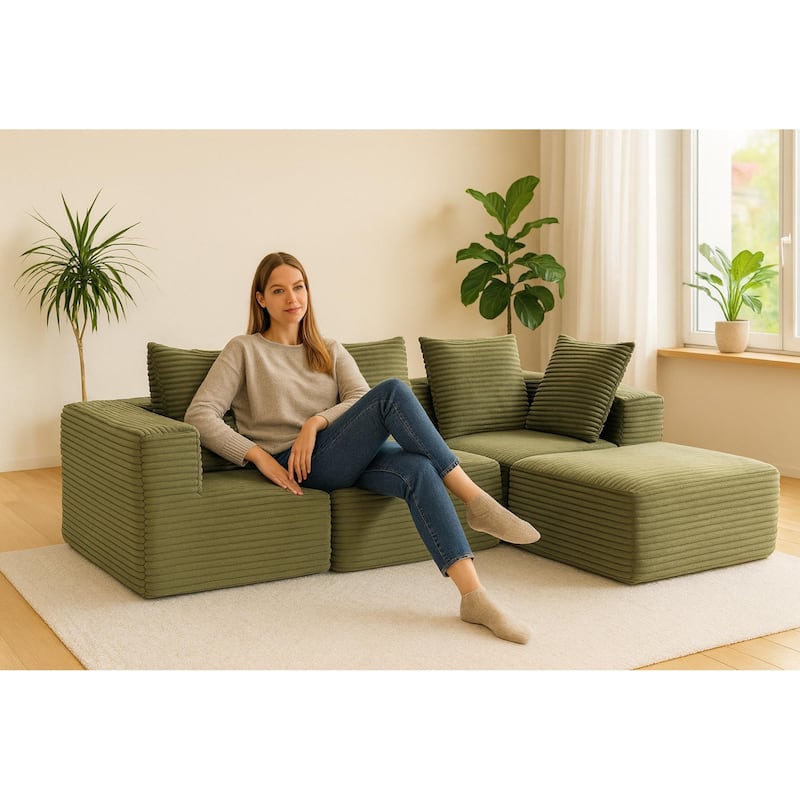 Floor Standing Deep Seat Sofa Corduroy Modular L-shaped Sectional Sofa with Chaise Lounge Compressed Sofa with Ottoman