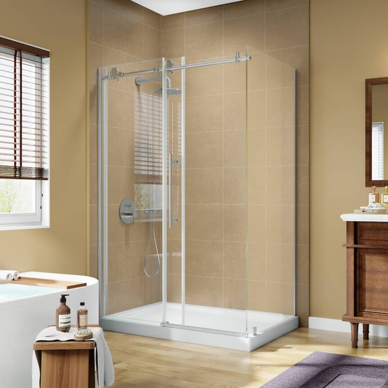 Modland 44-48" x 72'' Semi-Frameless Sliding Shower Enclosure - 3/8" SGCC Glass, Matte Black/Brushed Nickel