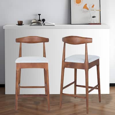 Mid Century Modern Counter Stools 24 Inch Solid Wood Upholstered Walnut Light Grey, set of 2