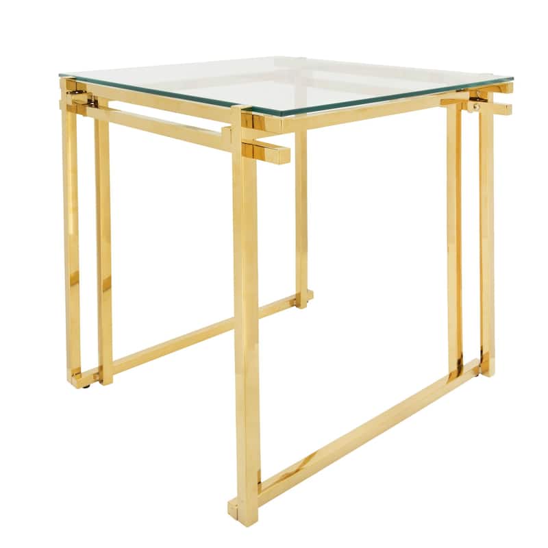 23.5" Gold and Clear Square Side Table with Glass Top