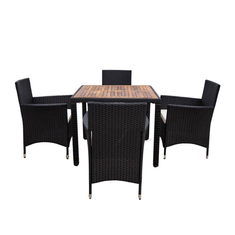 5 Piece Outdoor Patio Wicker Dining Set, Poolside Picnic Beer Coffee Table with 4 Removable Cushions Wicker Arm Chairs