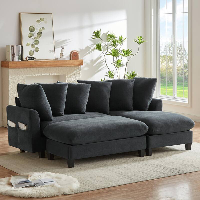 83" L-shaped Sectional Sofa with Storage, Ottoman, Pillows, Black Chenille Upholstery