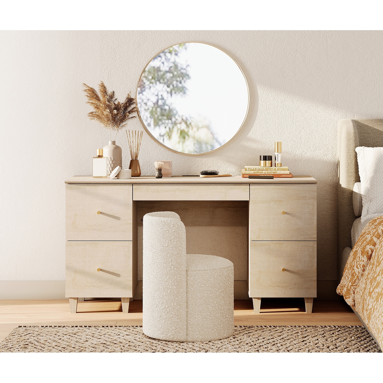 58" Wooden Vanity Desk with 4 Deep Storage Drawers and Charging Station for Bedroom