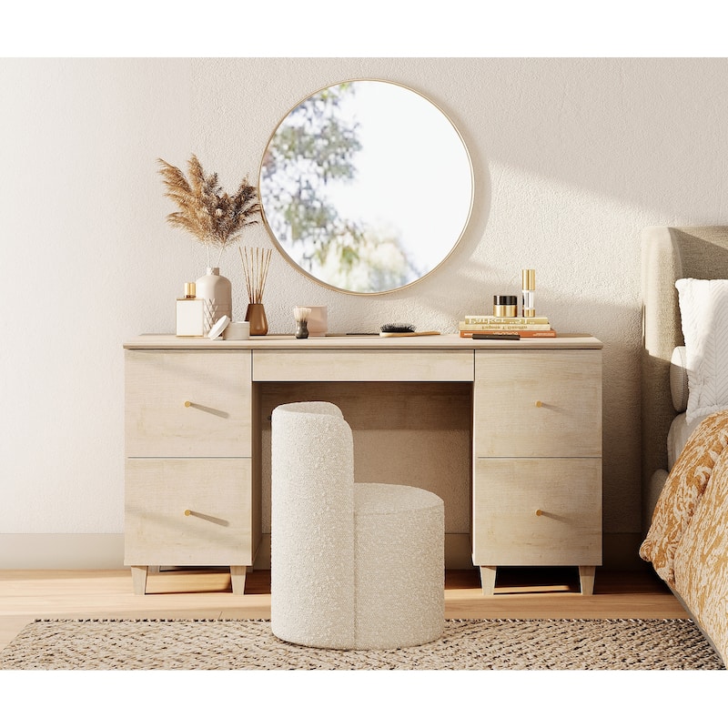 58" Wooden Vanity Desk with 4 Deep Storage Drawers and Charging Station for Bedroom - Natural Oak