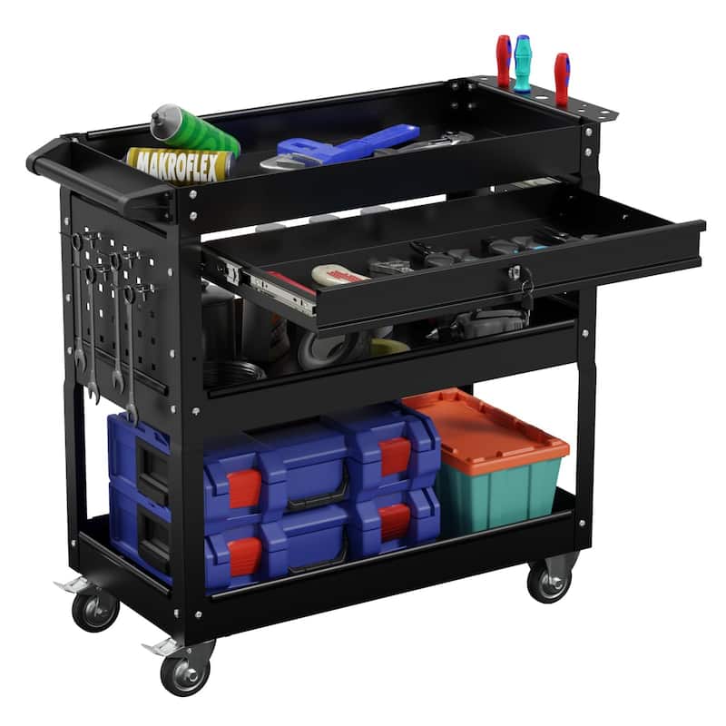 3-Tier Rolling Tool Cart on Wheels for Mechanics with Utility Drawer