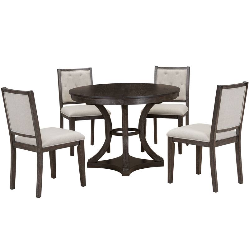 5-Piece, Retro Functional Dining Table Set with Extendable Round Table and 4 Chairs, for Dining Room and Living Room ,Espresso - Beige