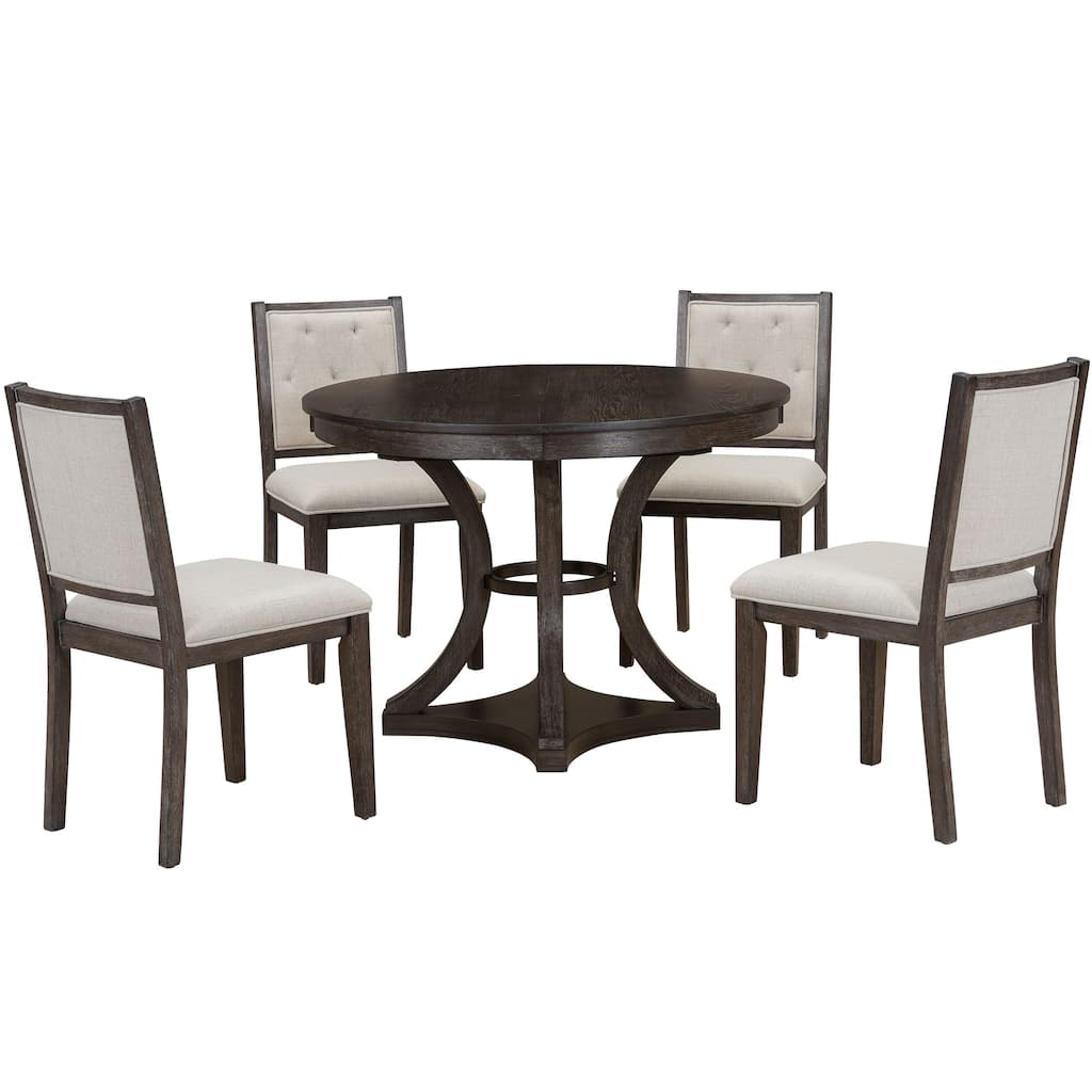 5-Piece, Retro Functional Dining Table Set with Extendable Round Table and 4 Chairs, for Dining Room and Living Room ,Espresso