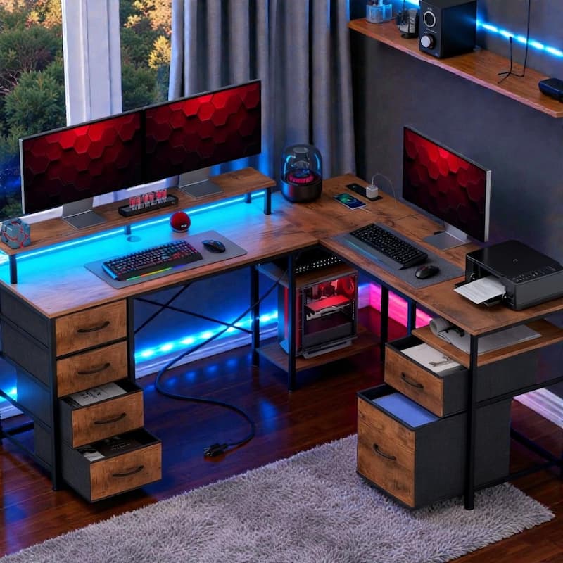 Corner Desk with File Drawer and Power Outlets, L Shaped Computer Desk with LED Lights and Storage for Home Office